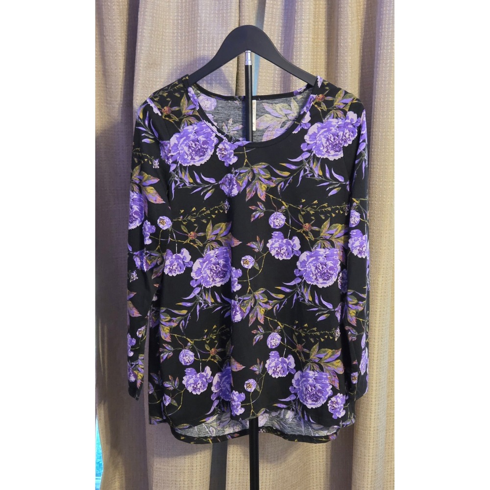 LuLaRoe Long Sleeve Floral Print T-Shirt Women's Size Large Black Purple
